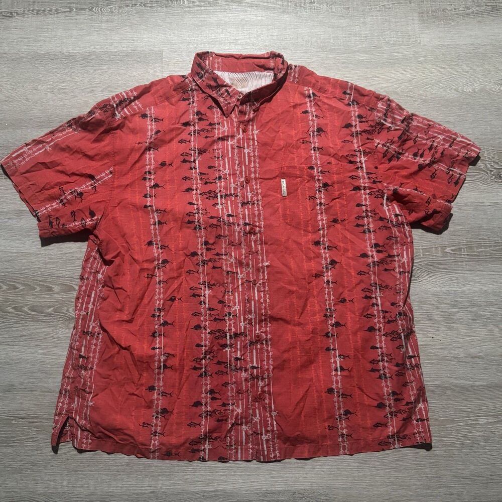Columbia PFG Men Button Down X-Large Solid Red Short Sleeve Fish Cotton